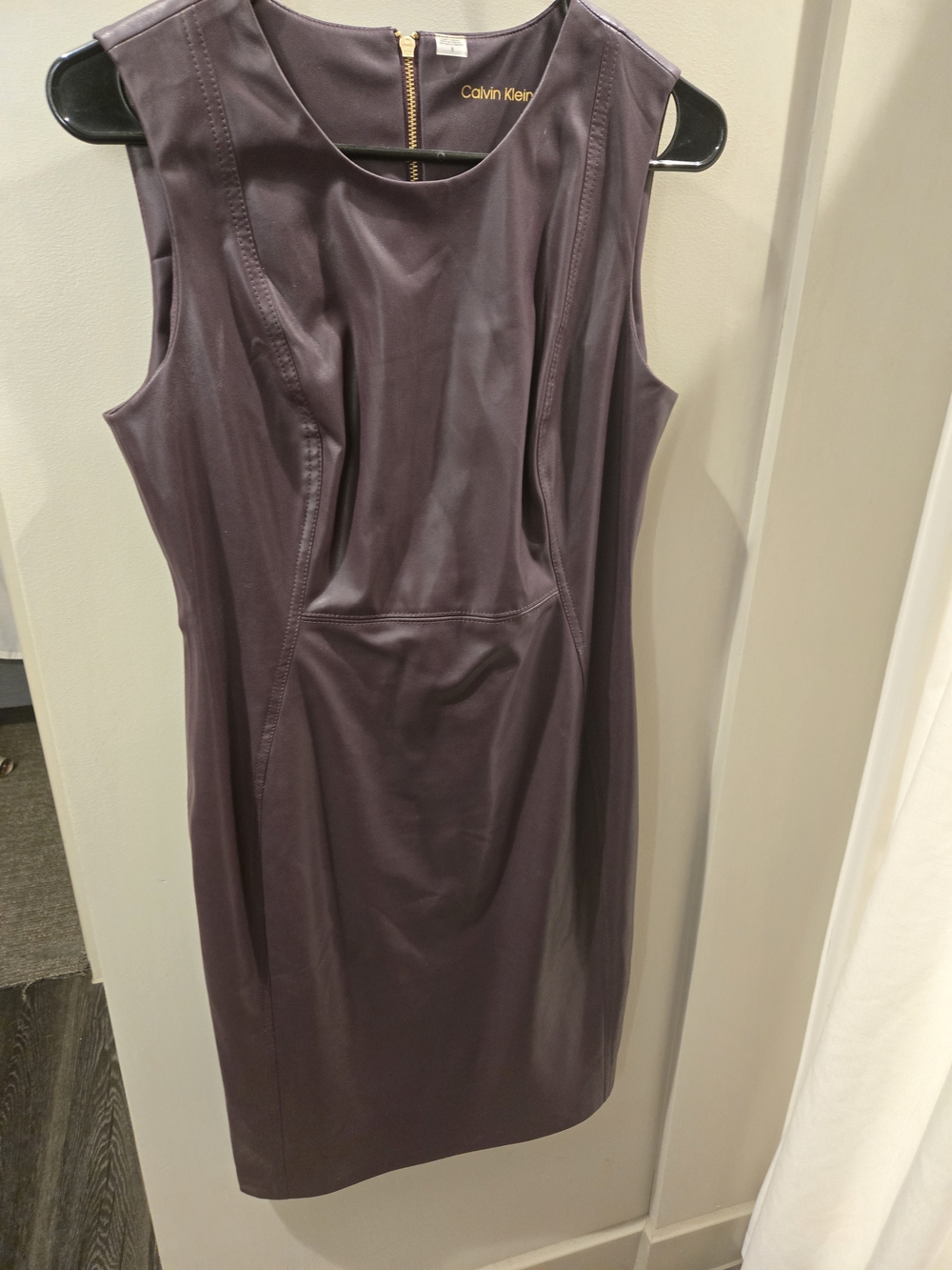 Calvin Klein Leather Pleather Plum Sleeveless Sheath Midi Dress 8